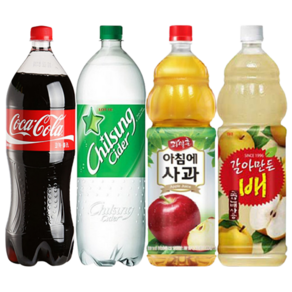 [한번에먹자] 대용량 인기음료수 탄산 + 과즙 혼합세트 1.5L x 4종 ( 코카콜라 + 칠성사이다 + 과일촌 아침에 사과 + 갈아만든배 ) 사무실음료 가정용 업소용 식자재 탕비실, 4개