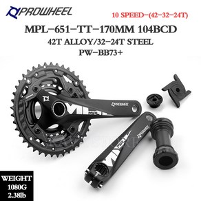 Powheel MTB 크랭크셋 산악 자전거 스프로킷 싱글 2 3 체인링 크랭크 키트 부품 6 7 8 9 10 11 스피드 170mm, 24T 32T 42T BB, 1개