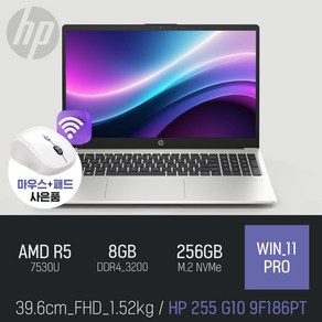 HP 255 G10 9F186PT / 가성비 사무 인강 학습용 휴대용 15인치 노트북, WIN11 Po, 8GB, 256GB, 실버