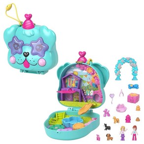 Polly Pocket 컴팩트 플레이세트 강아지 생일 배쉬 마이크로 인형 2개 및 액세서리 포함 서프라이즈 공개 여행 장난감 855423