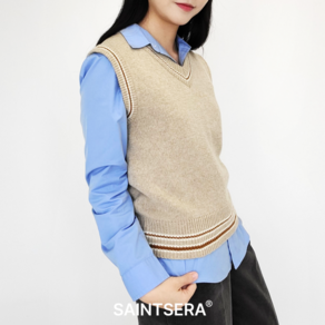 여성 브이넥 울 니트베스트 조끼 (베이지)