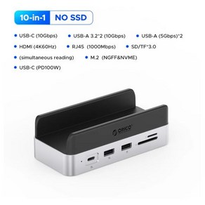 [호환] 맥미니 M4 호환 ORICO 미니 스지 확장 독 맥 미니 M4 및 M4 프로 스탠드용 USB3.2 Gen2 타입 C 독 512G 1T 2 T 4T M.2 SSD 옵션 포함, 1개, No SSD