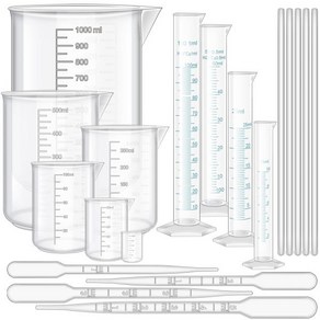 23Pcs 플라스틱 눈금 실린더 비커 세트 투명 25501002505001000ml 6개 드로퍼 8개와 교반봉 5개가 포함된 102550100ml 4개