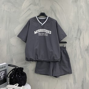 [행복여] 미스 브이 레터링 배색 캐쥬얼 바스락 밴딩 반바지 세트