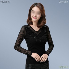 명양피프 화려한 시스루 티셔츠 브이넥 중년 여성티 여자 망사티 m3032