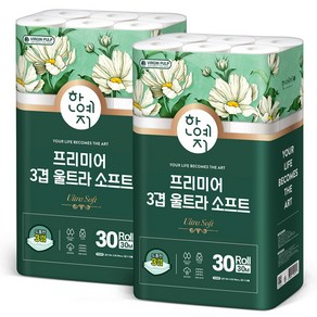 한예지 3겹 지폭 98mm 프리미어 울트라 소프트 천연펄프 화장지, 30m, 30롤, 2개