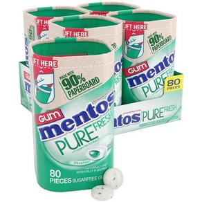 Mentos Pue Fesh 무설탕 츄잉껌 자일리톨 스피어민트 재활용 가능한 90% 판지 병 80개 4병 팩, Speamint_80 Count (Pack of 4), 4개, 없음