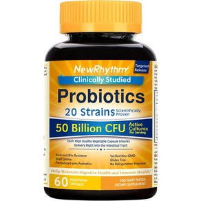 NewRhythm Pobiotics 500억 CFU 20가지 균주 60개의 식물성 캡슐 표적 방출 기술 위산 방지 냉장 필요 없음 GMO 프리 글루텐 프리, 500억 CFU(60개) 프로바이오틱스, 1개