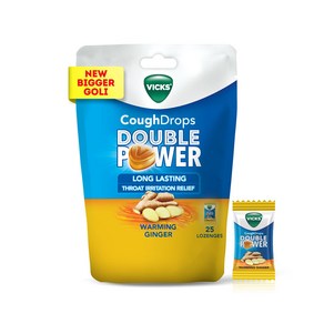 Vicks Cough Drops Double Power (Bag Of 25) New & Improved Warming Ginger Flavor - (Pack of 1 )