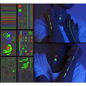야광타투 네온타투 스티커 (6장세트) - 야광타투 발광타투 별타투 달타투 문신 몽환 우주 고양이 클럽룩, 1개, C. Sta Lights