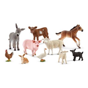 Schleich Fam Wold 농장 동물 장난감 만 3세 이상 아동용 10피스 메가 현실적인 농장 동물 세트 당나귀 피규어 양 돼지 장난감 등 포함 108097