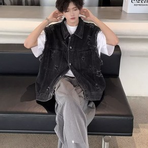 페이준 남자 빈티지 워싱 데님 베스트 대미지 조끼 스트리트 박시 민소매 코트 BK3833