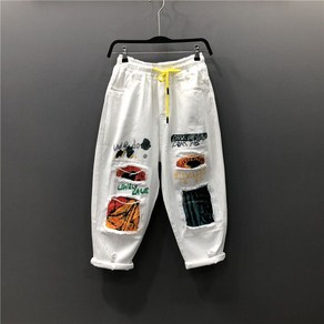 라오농 여름 새로운 찢어진 컬러 프린트 자른 청바지 대형 하렘 바지 FGE05X