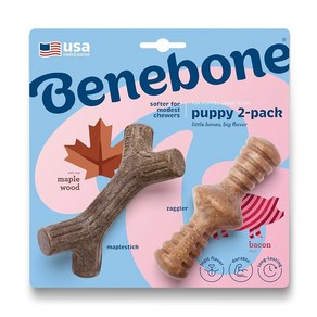 Benebone Puppy 2팩 메이플스틱/재글러 내구성 있는 강아지 츄잉 장난감 부드러운 츄어 리얼 베이컨 메이플우드 미국 제조 타이니, Benebone Puppy 2팩 메이플스틱/재글러 내구, 2개