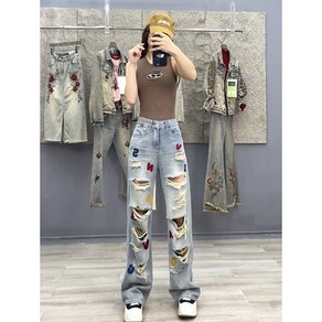 라오농 여성용 봄여름 패션 찢어진 캐주얼 와이드 팬츠 청바지 PAJ03J