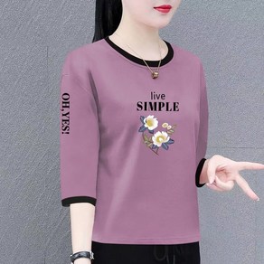 ROYALBELLE 여성 프린팅 라운드넥 순면 티셔츠 7부소매 루즈핏 중년여성 티셔츠 V033021