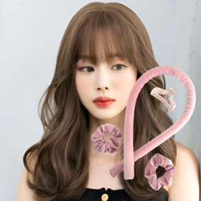 부드러운 벨벳 컬링 리본 웨이브 헤어롤 틱톡 헤어롤 집게포함, 1개, 핑크