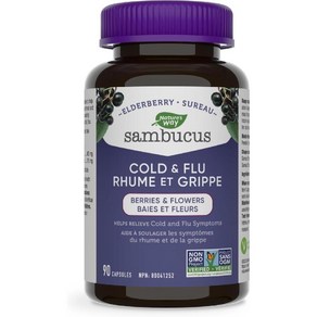 (캐나다 직구) 삼부커스 엘더베리 감기 및 독감 케어 캡슐 베지 90정 Sambucus Eldebey Cold and Flu Cae Capsules, 1개