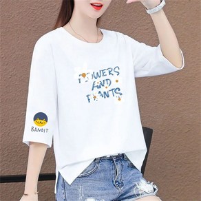 besteffie 티셔츠 여름 여성 라운드넥 꽃무늬 포인트 면티 빅사이즈 롱티셔츠 오버핏 빅사이즈 7부 티셔츠 E58