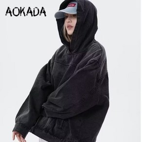 AOKADA 후드티 빈티지 여성 루즈핏 청자켓 후드 티셔츠 아메리칸 스타일 봄가을 상의 블랙 블루