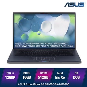 ASUS 사무용노트북 B5602CBA-MB0300, ASUS B5602CBA-MB0300, Fee DOS, 16GB, 512GB, 블랙