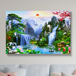 [스튜디오17]돈들어오는 폭포 그림 새해 무릉도원 생기 액자 명당도 풍수 일출 잉어 목단 모란꽃 재물운 개업선물, 2.재물가득 풍경도, 10호 60x40, 1개