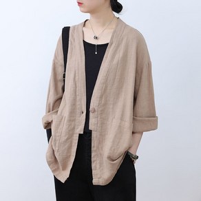 COBOTOR 빅사이즈 여성 면마 자켓 오버핏 심플 봄 여름 가을 여자 긴팔 재킷 상의 women linen jacket XK0440