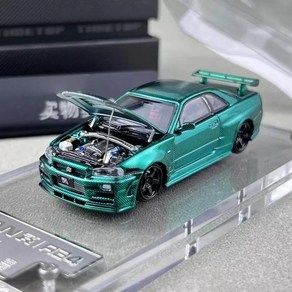 타임탑 1:64 닛산 스카이라인 GT-R (R34) 카본 그린 (후드 오픈), 1개