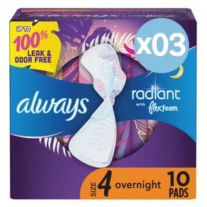 Always 올웨이즈 레이디언트 오버나이트 패드 윙 포함 센티드 10개입 3팩 Radiant Ovenight Pads Winged Scented Size 4, 3개