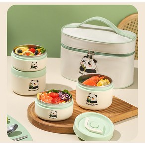 HF & Panda Lunch Box 전자레인지에 데울 수 있음 팬더 스텐 다층 보온 도시락 세트, 1세트, 민트4단 총2080ML