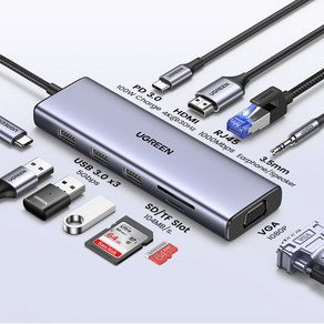 UGREEN 유그린 10 in 1 USB C 멀티허브 4K HDMI 및 VGA 듀얼 모니터가 장착된 어댑터, 1개