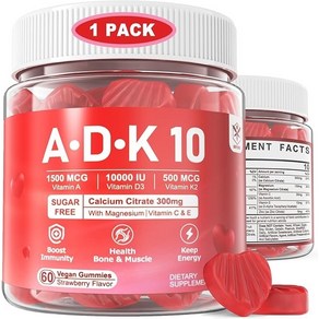 무설탕 비타민 ADK 구미 - 초강력 D3 10000IU/ 5000IU 비타민 A 함유 K2 MK-7 500mcg 보충제 플러스 칼슘 ＋ 마그네슘 ＋ 아연 비타민 C, 60 Count [Pack of 1], 1개, 60정