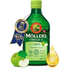 Molles 묄러 오메가3 고순도 천연 대구 간유 250ml 레몬 165년 전통 임신 임산부 피부 발달 스트레스, 사과, 1개