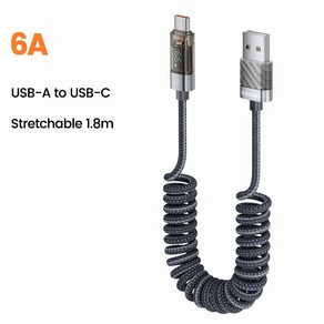 Toocki USB C타입 케이블 66W 디스플레이 6A 고속 충전 충전기 투명 USB C 케이블 데이터 코드 화웨이 삼성 리얼미, 1 8m, 66W Sping Cable, 1개