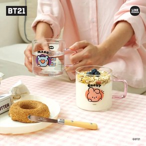 BT21 미니니 손잡이 투명 유리컵 COOKY 쿠키 유리커피잔 물컵 홈카페 집들이 선물, 1개