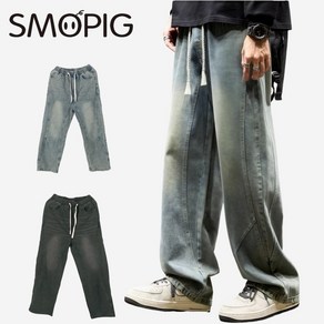 SMOPIG 남성용 와이드 청바지 사계절 밴딩 남자청바지