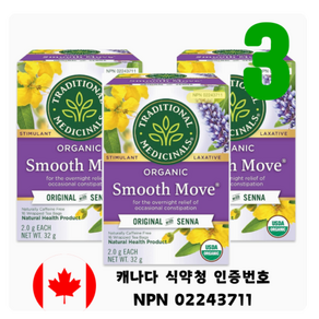 Taditional Medicinals Oganic Smooth Move Tea 허브 티 변비/숙변 개선 카페인 없음 캐나다직배송, 3개, 16개입, 32mg