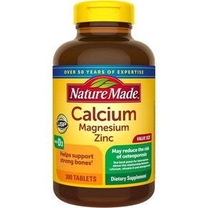 Natue Made 눈떨림 마그네슘 자연이 만든 칼슘 아연 비타민 D3 뼈 지지를 위한 식이 보충제 300정, 300 Count (Pack of 1), Unflavoed, 1개