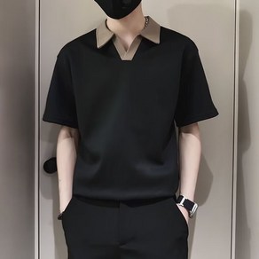 AOKADA 남자 패치 워크 카라텍 반팔 스릿넥 박스티 박시핏 어반 레저 데일리 면티 반팔티 남성 티셔츠