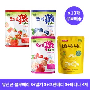 [13개 무료배송] 프로엠 요거팜 블루베리 스낵 30g 3개+딸기 스낵 30g 3개+크랜베리 스낵 30g 3개+유산균 바나나 스낵 20g 4개 / 요구르트 과자 유산균 과자 쌀과자, 단품, 1개