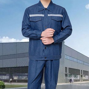BIKASU 남성 워크업 작업복 세트 사계절 빅사이즈 데님 워크웨어 반사띠 정비복 용접복