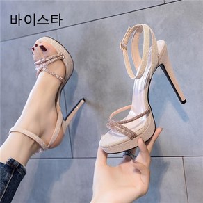 바이스타 여성 여름 큐빅 일자 샌들 토오픈 가보시 힐 샌들 10cm