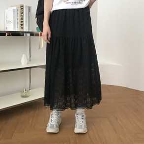 럭키제이 펀칭 레이스 스커트 캉캉 롱 밴딩 치마 여성용