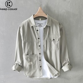 Keep Casual 남자 캐주얼 면 긴팔 셔츠 루즈핏 카고 남