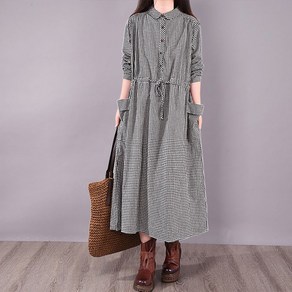 COBOTOR 여성 린넨 원피스 체크무늬 오버핏 a라인 캐주얼 여자 봄 가을 긴팔 롱원피스 linen dress women XK0106