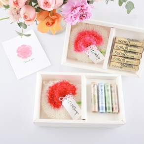 핸드메이드 카네이션 손뜨개 수세미 어린이집 스승의날 어버이날 단체선물 졸업선물, PINK, 용돈상자, 1개