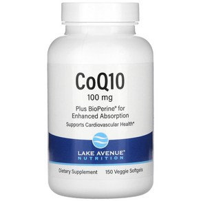 CoQ10 100mg 유비퀴논 BioPeine 함유 150소프트젤 레이크애비뉴뉴트리션, 1개, 120g, 150정