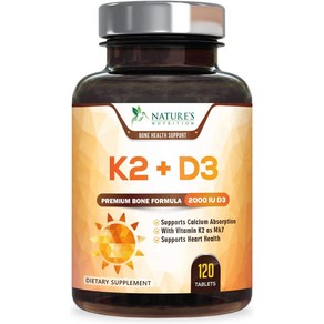 Nature's Nutrition 네이쳐스뉴트리션 K2+D3 2000IU 면역 및 심장 뼈 서포트 120 타블렛