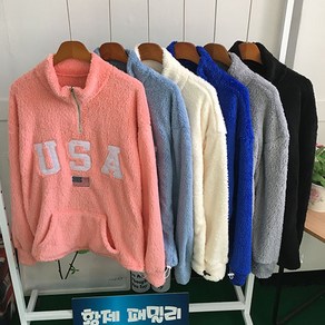 [황제패밀리] 촉감좋은 양털 USA 자수 아노락 반집업 티셔츠