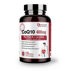 NATURE TARGET CoQ10-400mg PQQ L-카르니틴 및 오메가3 함유 바이오페린 함유 고흡수 코엔자임-Q10 심장 뇌 면역 체계 에너지 생산 지원 120회 분량